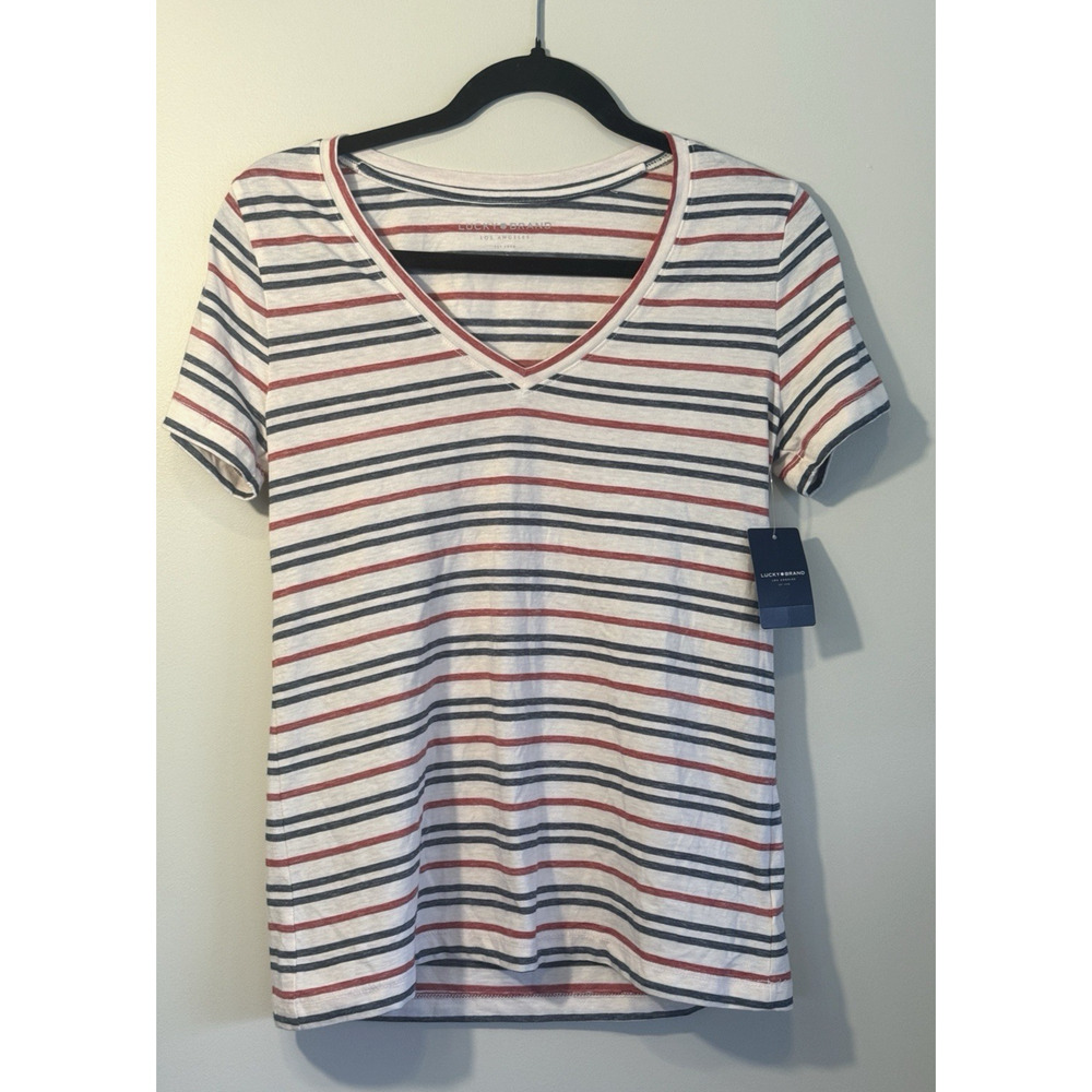 Lucky Brand Women's XS Ivory Red Blue Stripe V-Neck Tee T-shirt Retro NWT